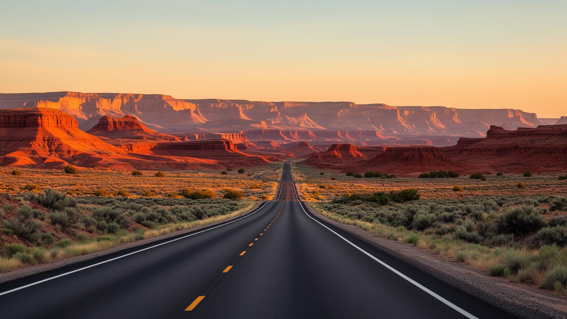 Gerade Straße durch die roten Canyonlandschaften im Südwesten der USA